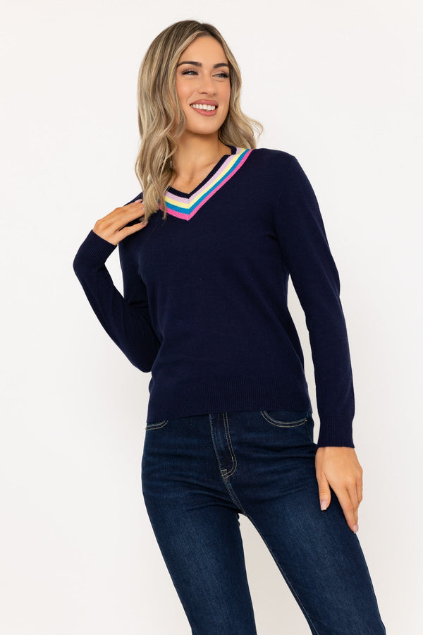 Carraig Donn Navy Knit Jumper with Multicolour Striped Neckline