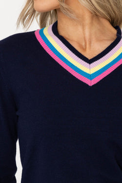 Carraig Donn Navy Knit Jumper with Multicolour Striped Neckline