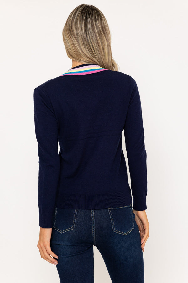 Carraig Donn Navy Knit Jumper with Multicolour Striped Neckline