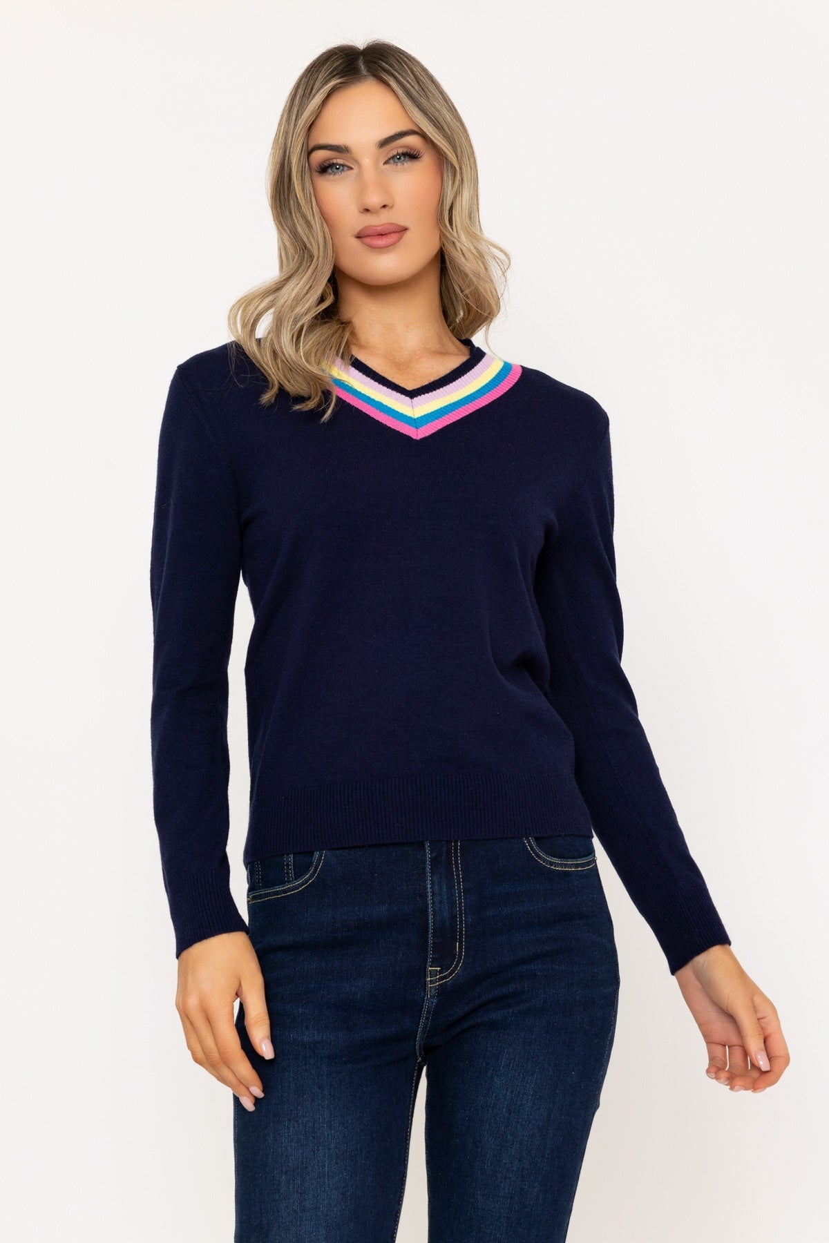 Navy Knit Jumper with Multicolour Striped Neckline