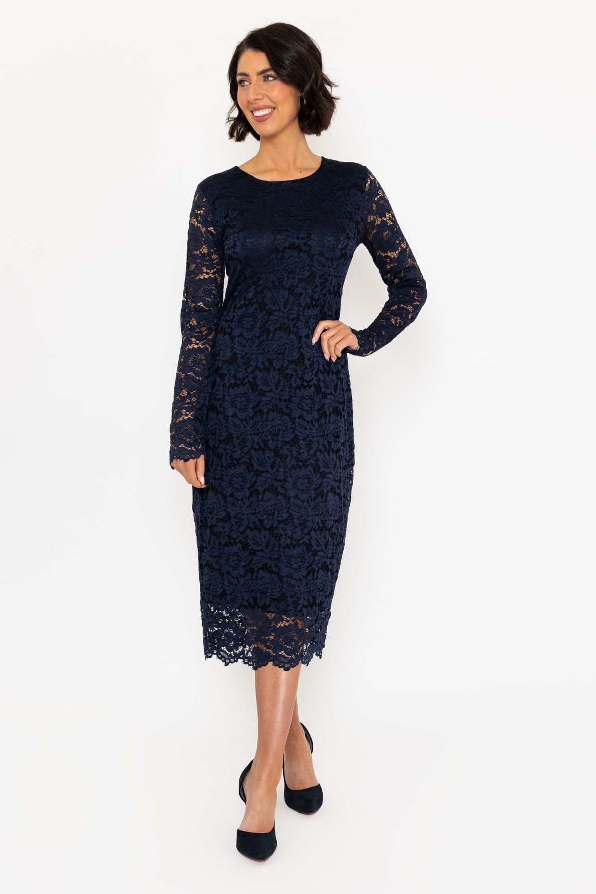 Navy Lace Long Sleeve Midi Dress