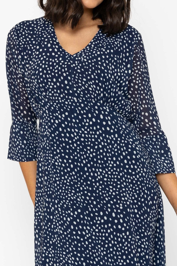 Carraig Donn Navy Polka Dot Print 3/4 Sleeve Kerry Midi Dress