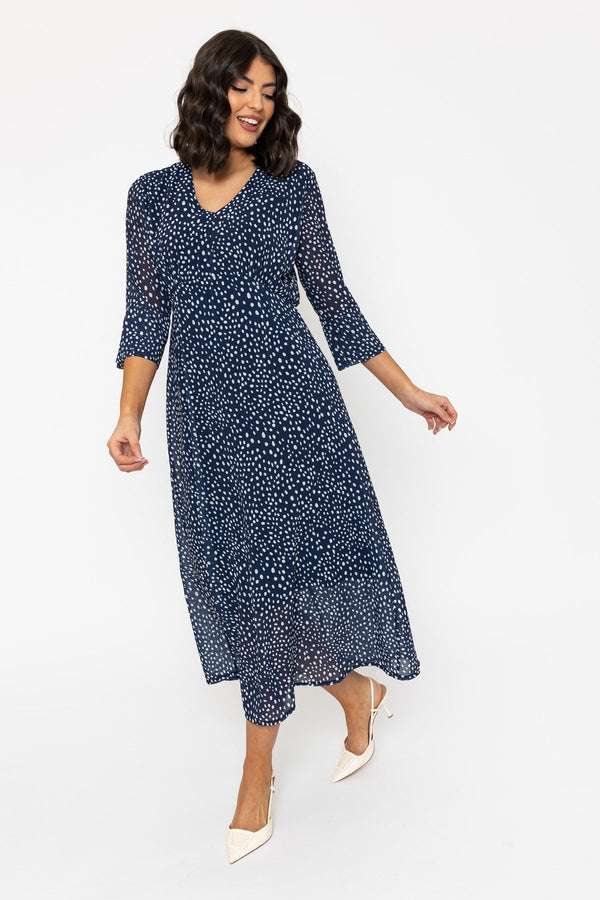 Carraig Donn Navy Polka Dot Print 3/4 Sleeve Kerry Midi Dress