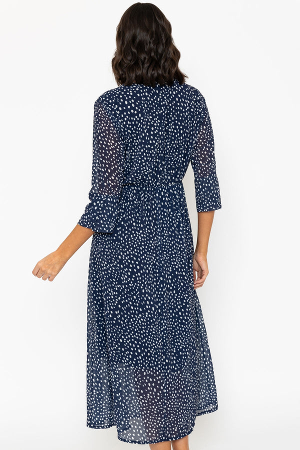 Carraig Donn Navy Polka Dot Print 3/4 Sleeve Kerry Midi Dress