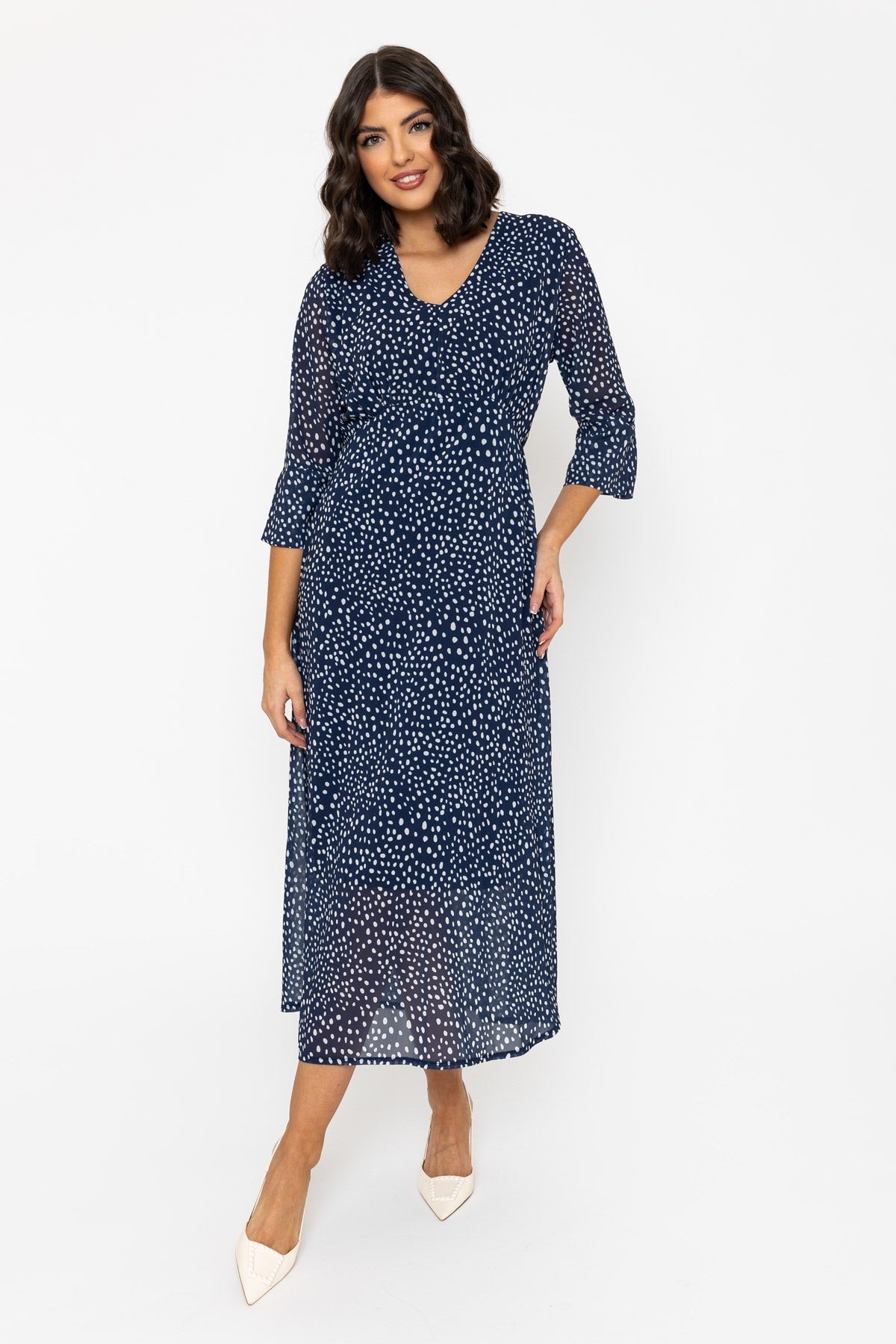 Navy Polka Dot Print 3/4 Sleeve Kerry Midi Dress