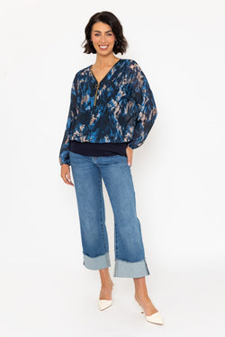 Carraig Donn Navy Print Zip Detail Long Sleeve Top