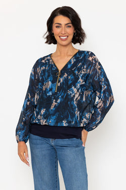 Carraig Donn Navy Print Zip Detail Long Sleeve Top