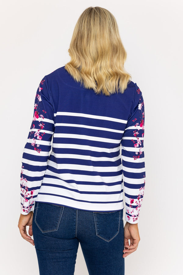 Carraig Donn Navy Printed Breton Long Sleeve Top