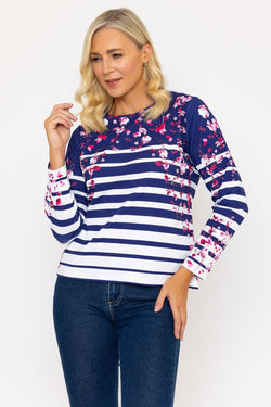 Carraig Donn Navy Printed Breton Long Sleeve Top