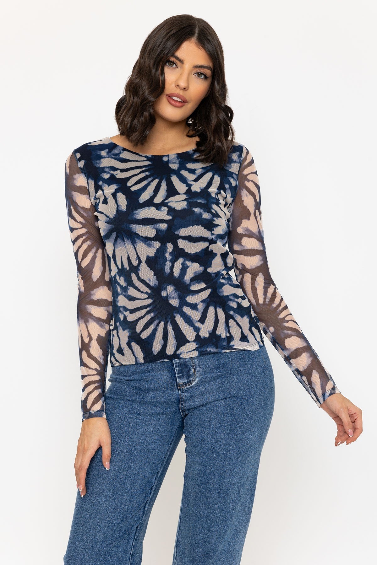 Navy Round Neck Mesh Long Sleeve Top