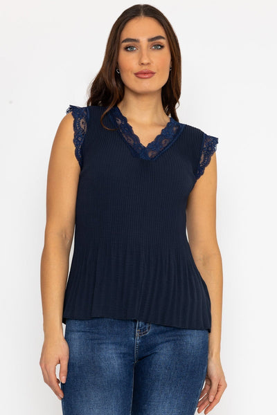 Carraig Donn Navy Sleeveless Lace Trim Pleat Top