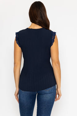 Carraig Donn Navy Sleeveless Lace Trim Pleat Top