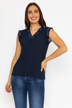 Carraig Donn Navy Sleeveless Lace Trim Pleat Top