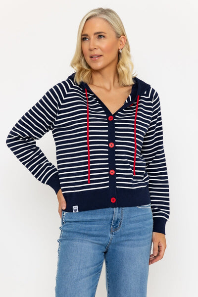 Carraig Donn Navy Stripe Knitted Hooded Cardigan