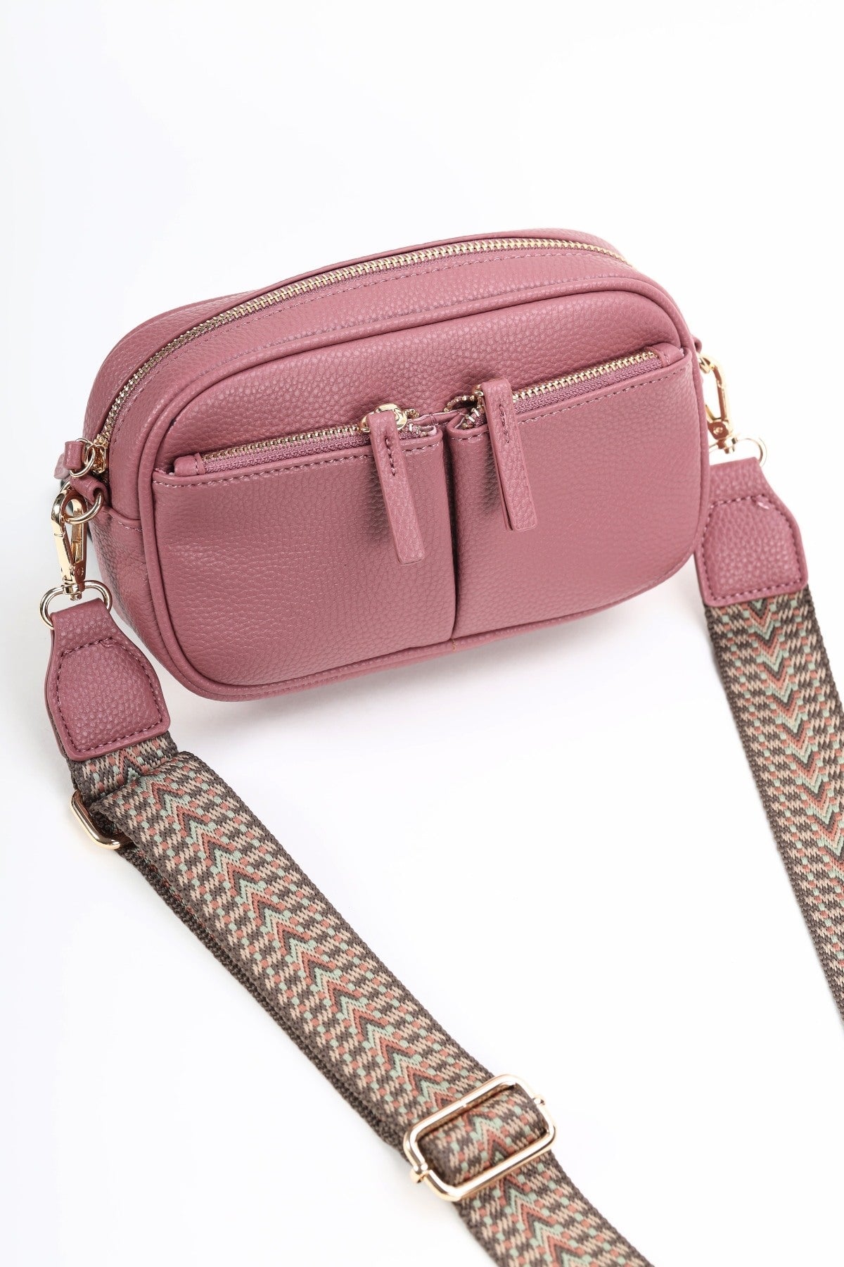 Pink Double Pocket Crossbody Bag with Printed Strap Bags Carraig Donn