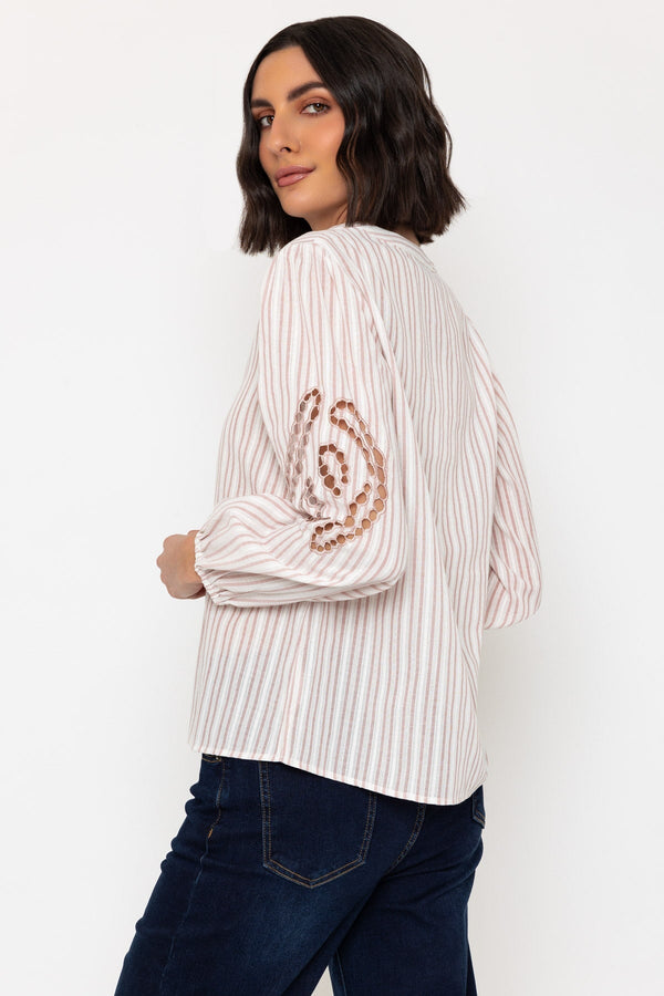 Carraig Donn Pink Embroidered Long Sleeve Cotton Top