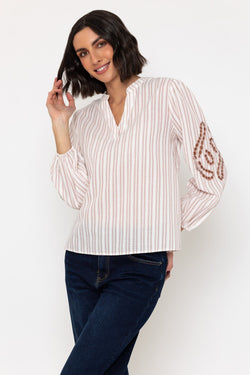 Carraig Donn Pink Embroidered Long Sleeve Cotton Top