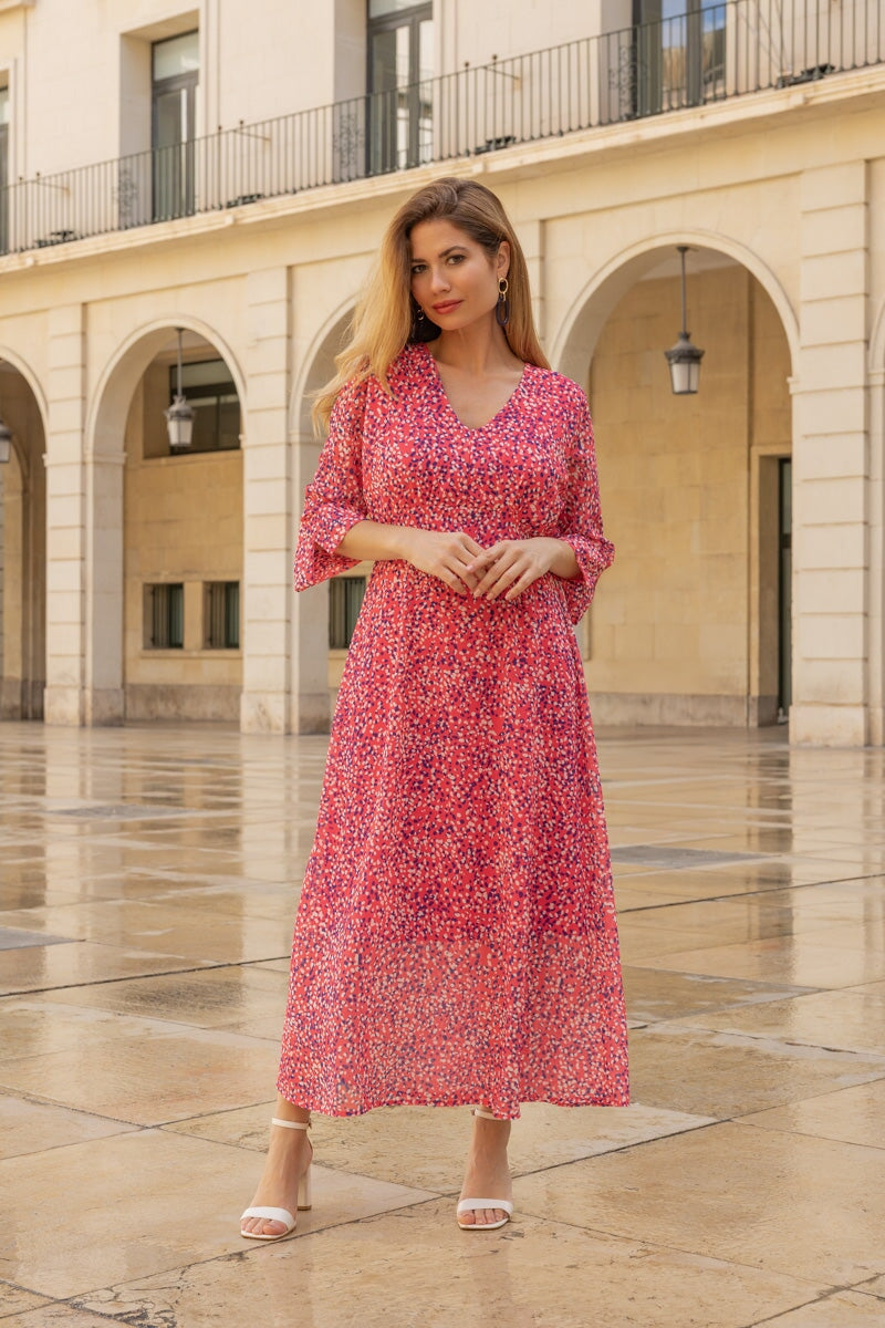 Pink Polka Dot Print 3/4 Sleeve Kerry Midi Dress