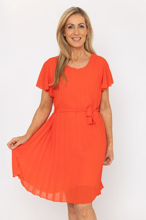 Plain Orange Pleated Dress