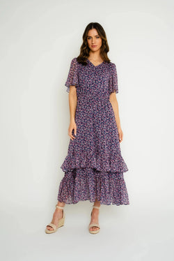 Carraig Donn Printed Ruffle Hem Midi Dress in Purple