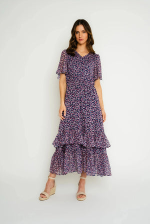 Printed Ruffle Hem Midi Dress in Purple