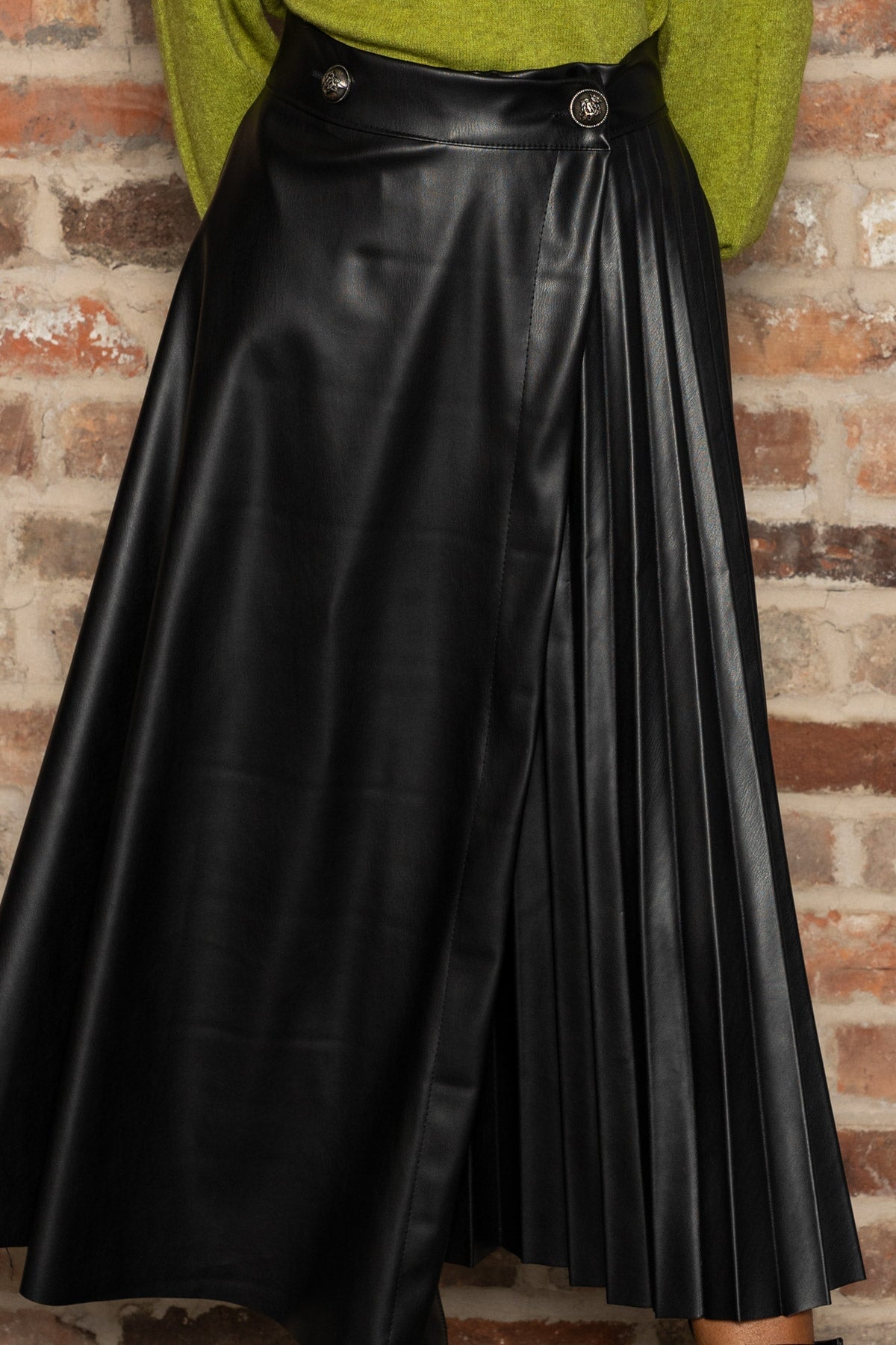 Black pu clearance pleated midi skirt