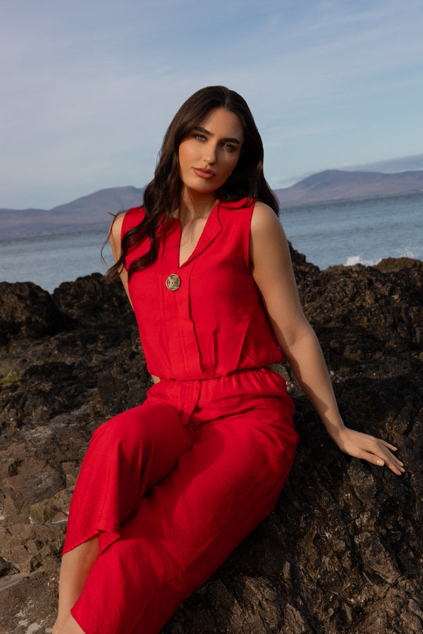 Carraig Donn Red Button Detail Sleeveless Top