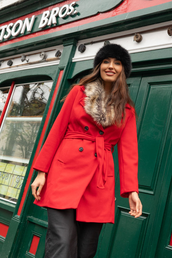 Carraig Donn Red Faux Fur Trim Coat