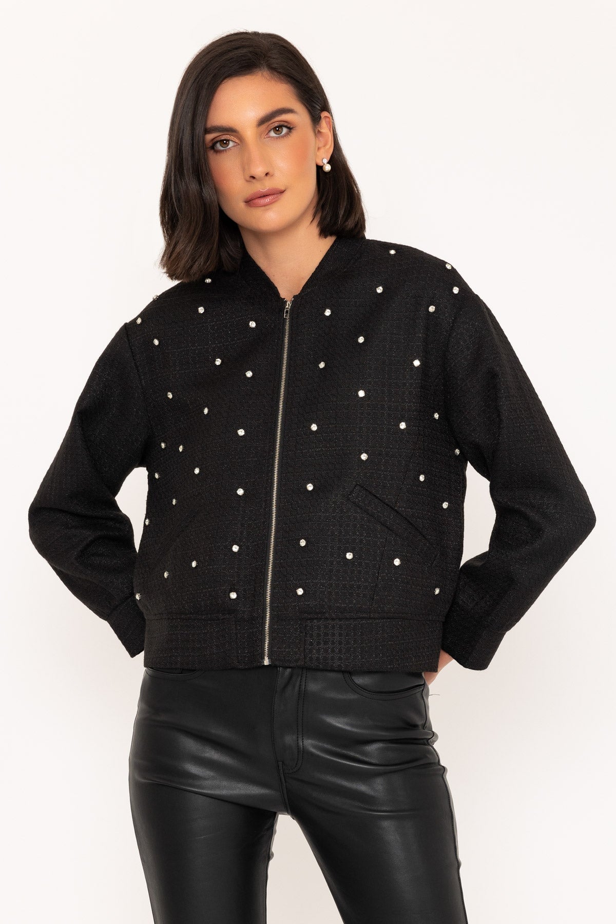 Rhinestone Bomber Jacket in Black Ladies Jackets Carraig Donn