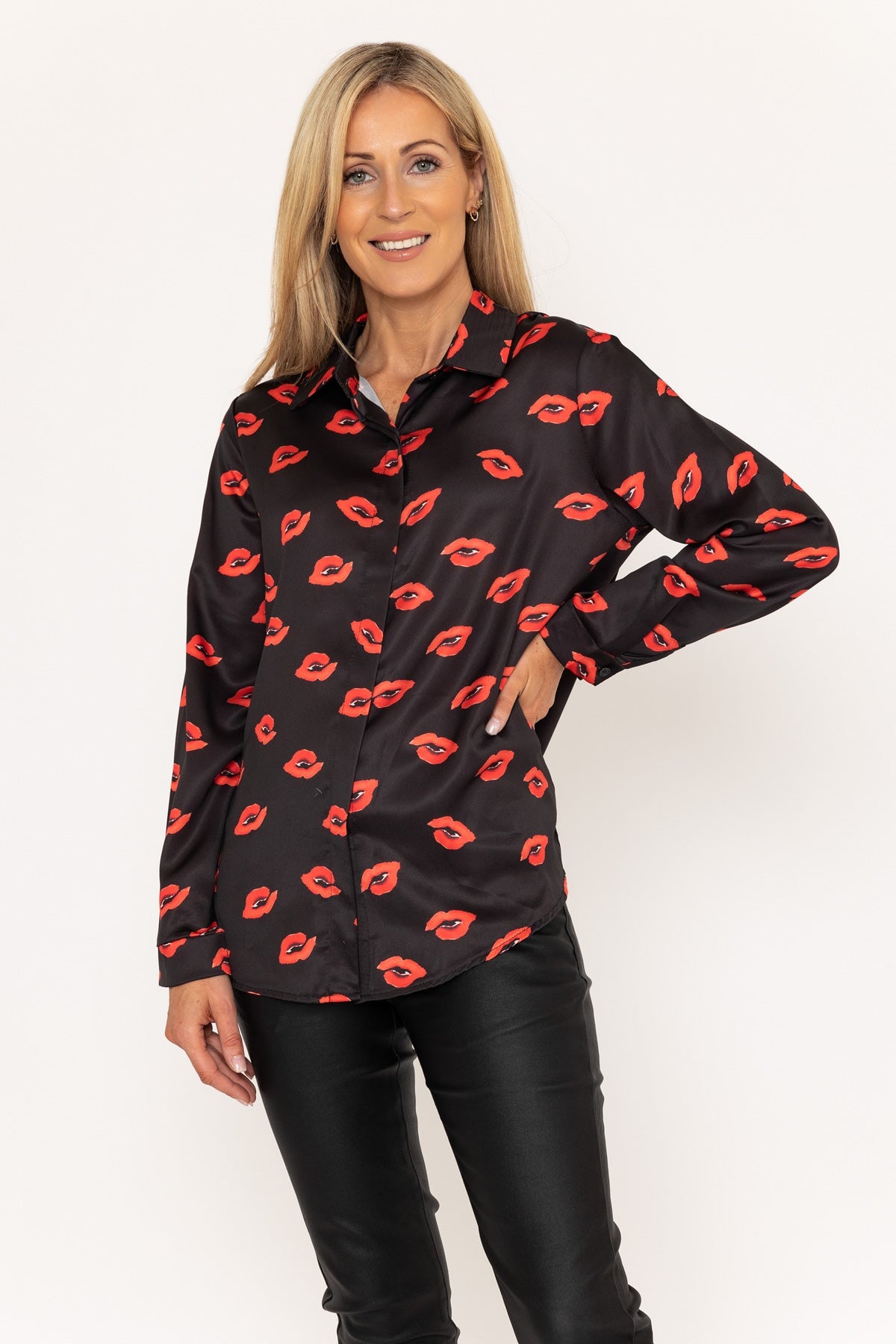 Sateen Black & Red Lip Print Shirt