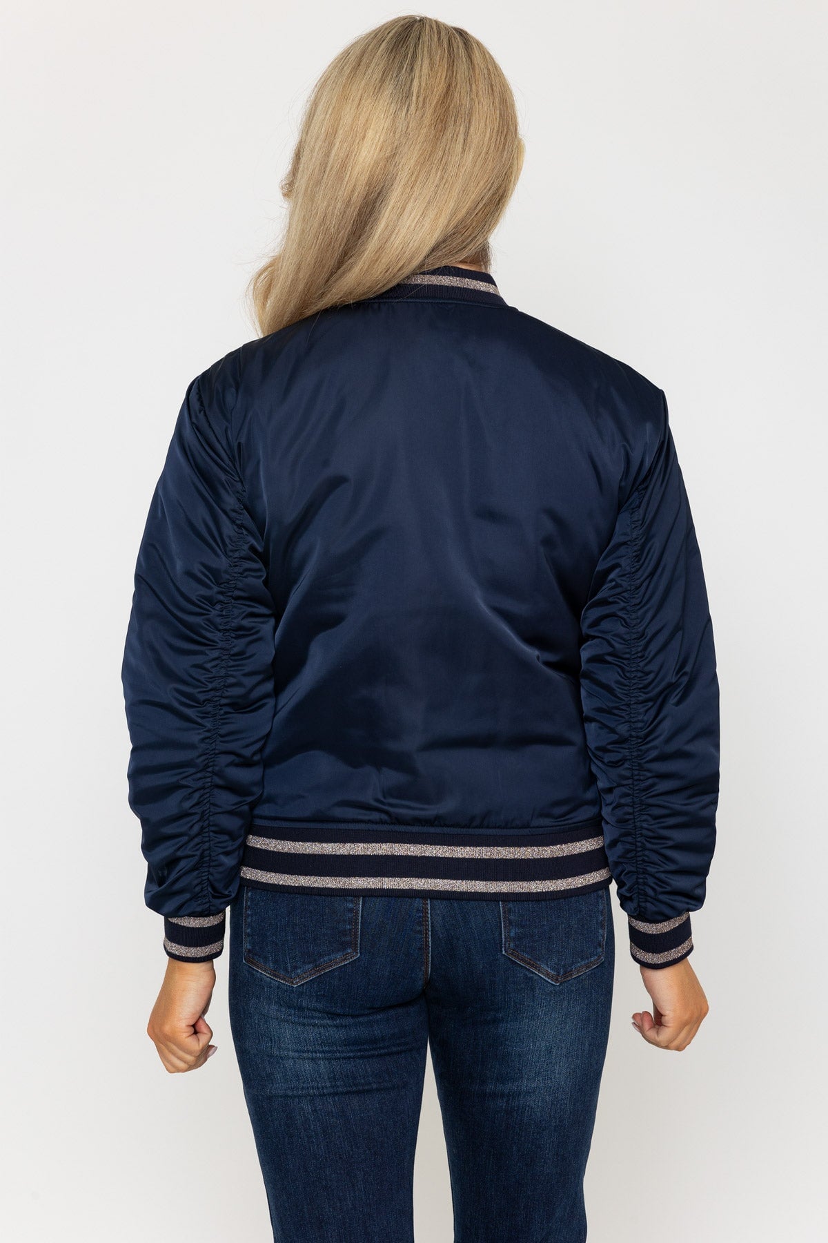 Navy satin hot sale bomber jacket