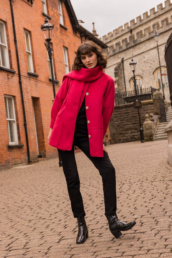 Carraig Donn Scarf Button Coat in Red