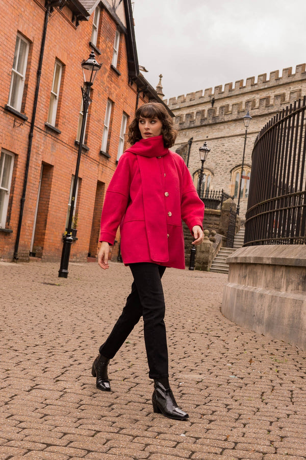 Carraig Donn Scarf Button Coat in Red