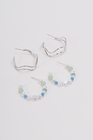 Set of 2 Silver & Green Hoop Earrings