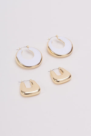 Set of 2 White & Gold Hoop Earrings