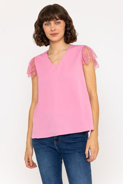 Carraig Donn Short Sleeve Lace Cap Top in Pink