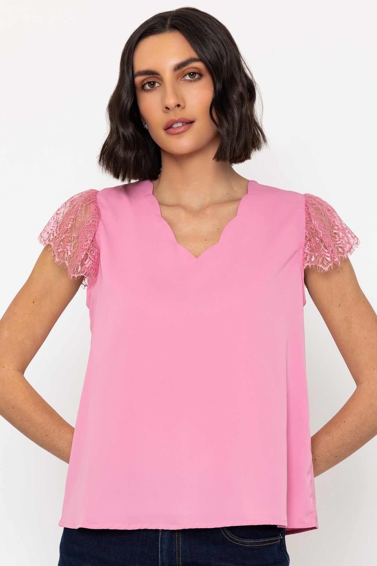 Short Sleeve Lace Cap Top in Pink