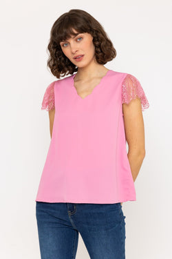 Carraig Donn Short Sleeve Lace Cap Top in Pink