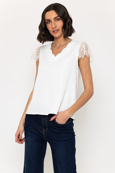 Carraig Donn Short Sleeve Lace Cap Top in White