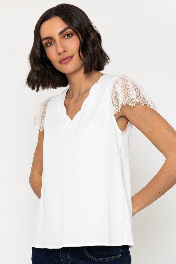 Carraig Donn Short Sleeve Lace Cap Top in White