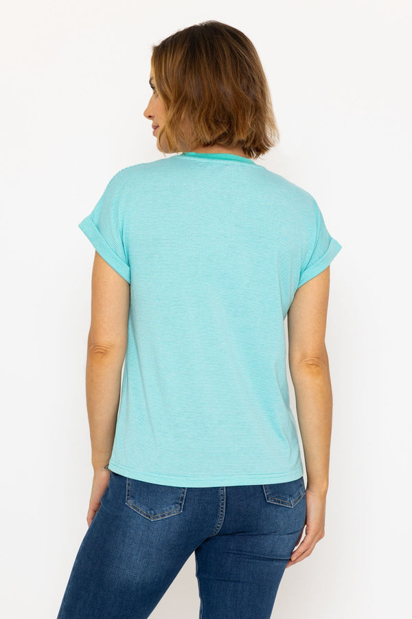 Carraig Donn Short Sleeve Stripe Tee in Aqua Blue