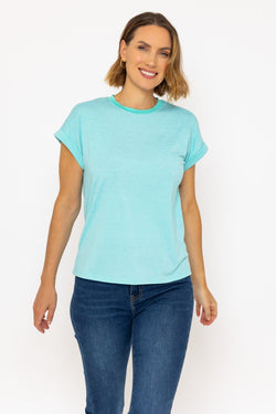 Carraig Donn Short Sleeve Stripe Tee in Aqua Blue