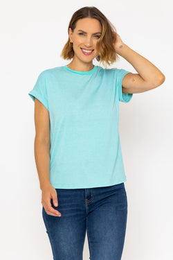 Carraig Donn Short Sleeve Stripe Tee in Aqua Blue