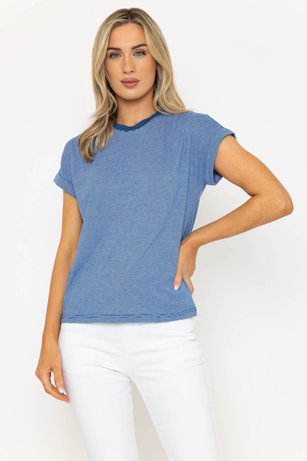 Carraig Donn Short Sleeve Stripe Tee in Dark Blue