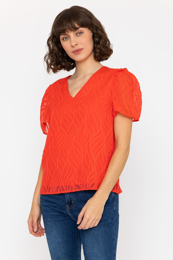 Carraig Donn Short Sleeve Textured V Neck Top in Coral