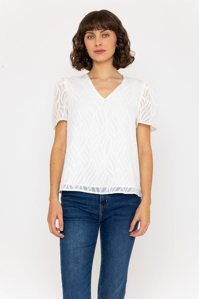 Carraig Donn Short Sleeve Textured V Neck Top in Ivory