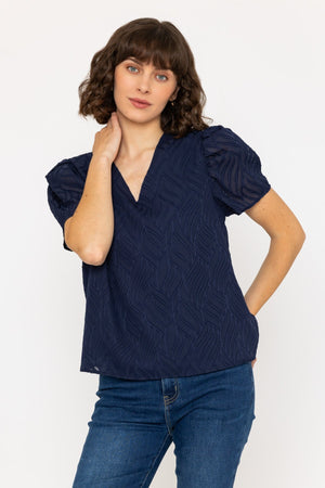 Short Sleeve Textured V Neck Top in Navy