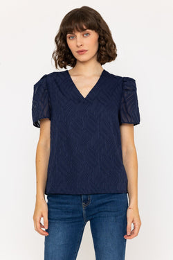 Carraig Donn Short Sleeve Textured V Neck Top in Navy