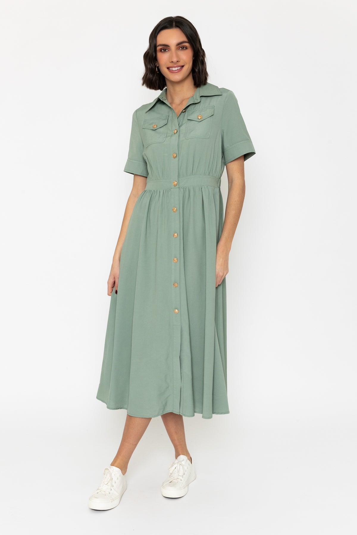 Short Sleeve Utility Midi Dress in Green