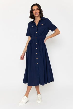 Short Sleeve Utility Midi Dress in Navy